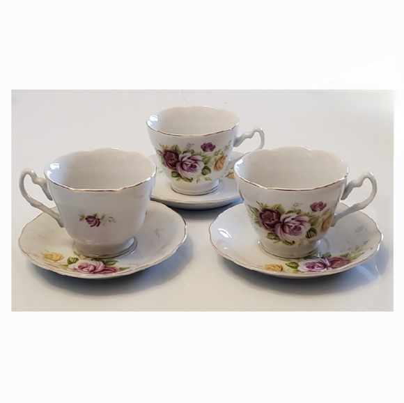 (3) Pink & Yellow Roses Porcelain Teacups & Saucers with Gold Trim - Picture 2 of 11